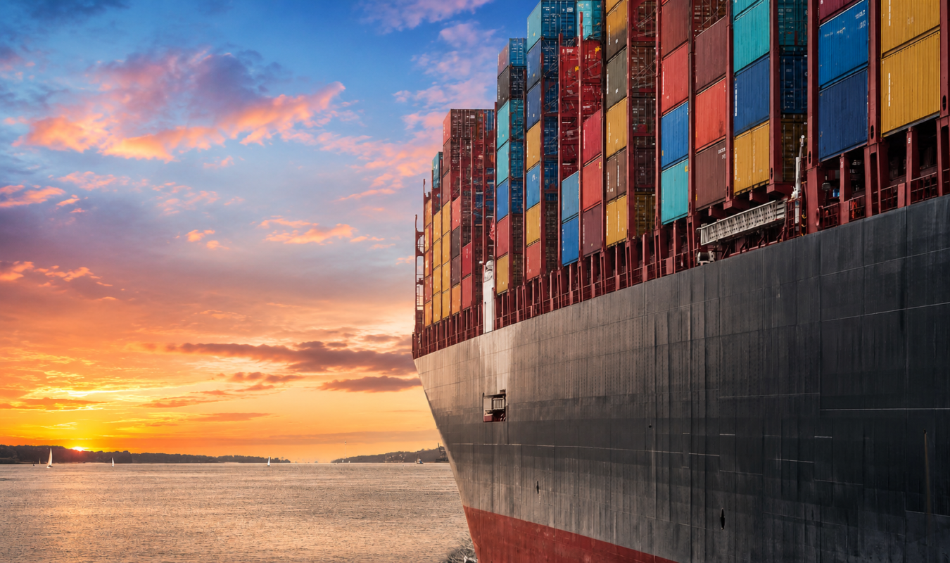 Massive container cargo ship carrying colorful shipping containers across the ocean at sunset for global logistics and international freight transport